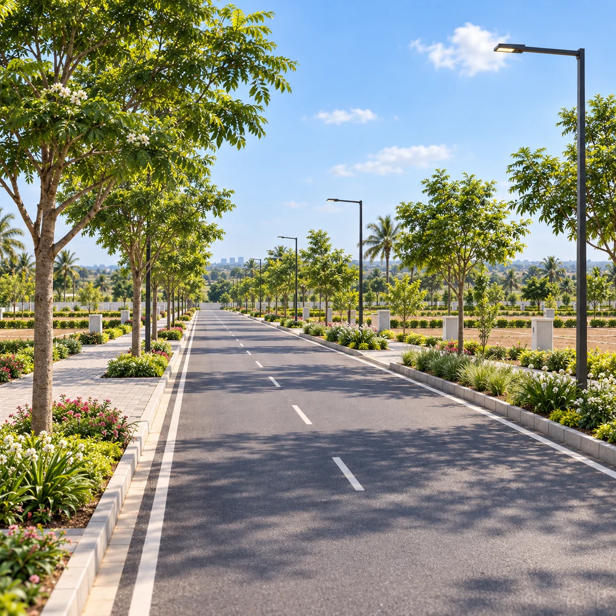 Adarsh Forest Glen tree-lined internal road with paved footpath and street lighting Adarsh Forest Glen tree-lined internal road with paved footpath and street lighting