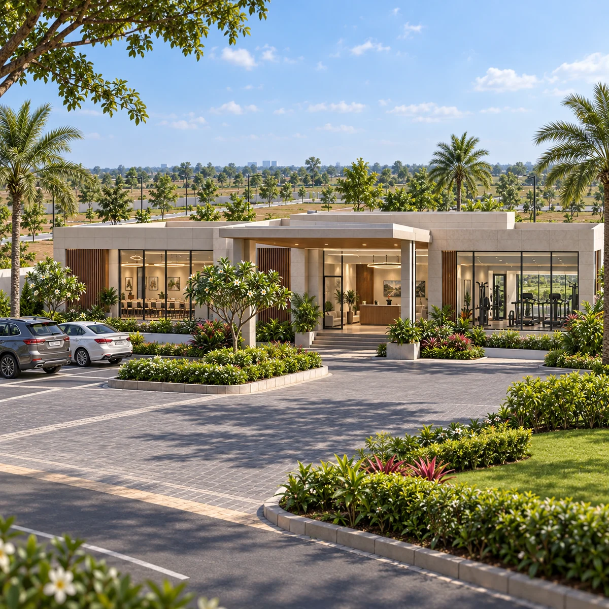 Adarsh Forest Glen amenity block with reception lounge, multipurpose hall and gym Adarsh Forest Glen amenity block with reception lounge, multipurpose hall and gym